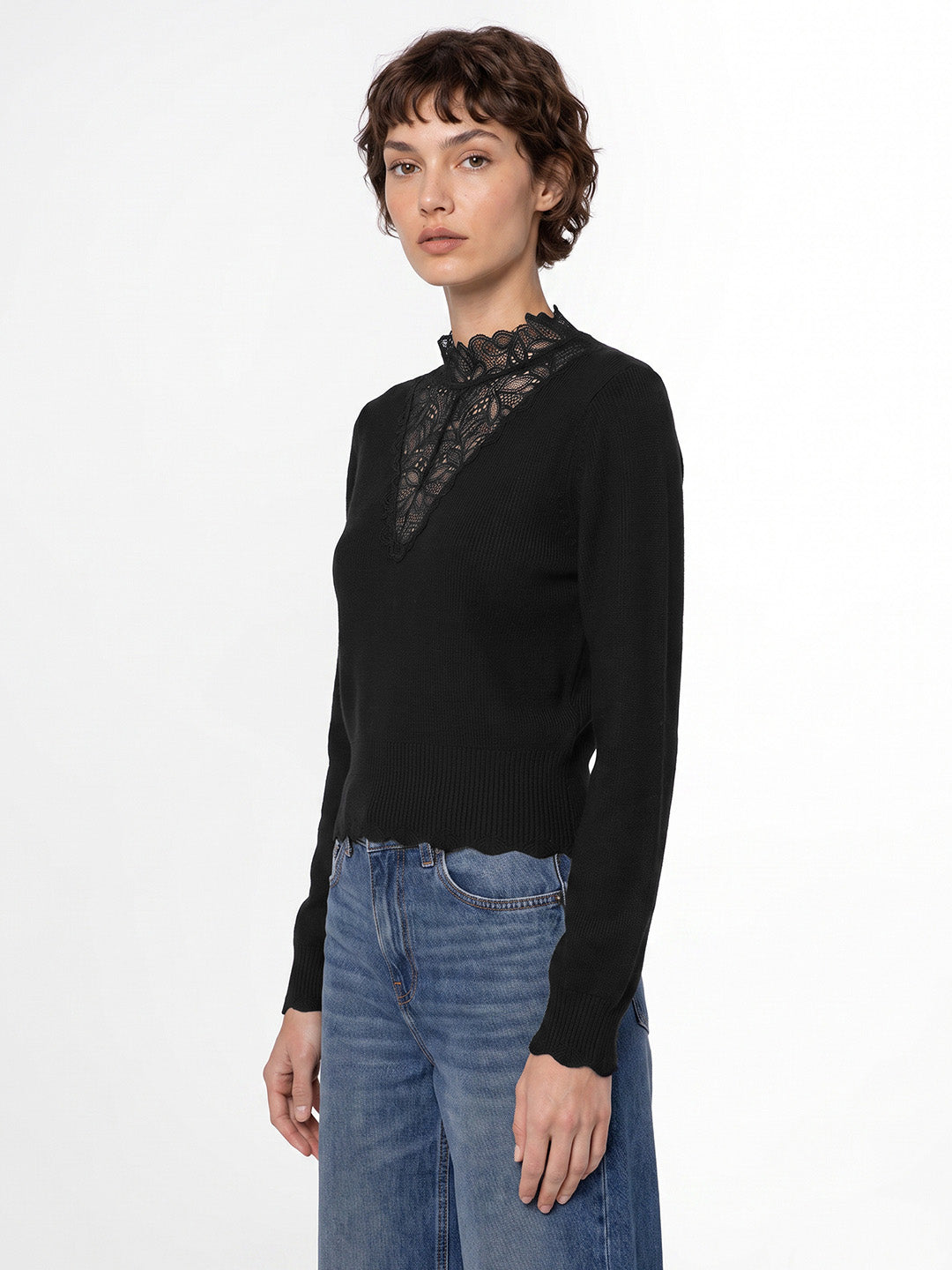 Black Lace High Neck Pullover