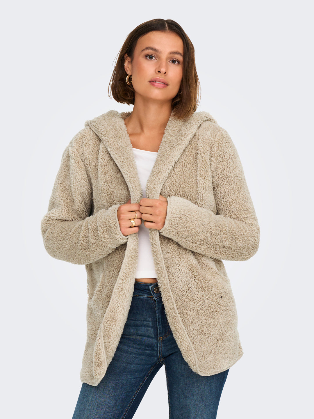 Beige Hooded Sherpa Coat