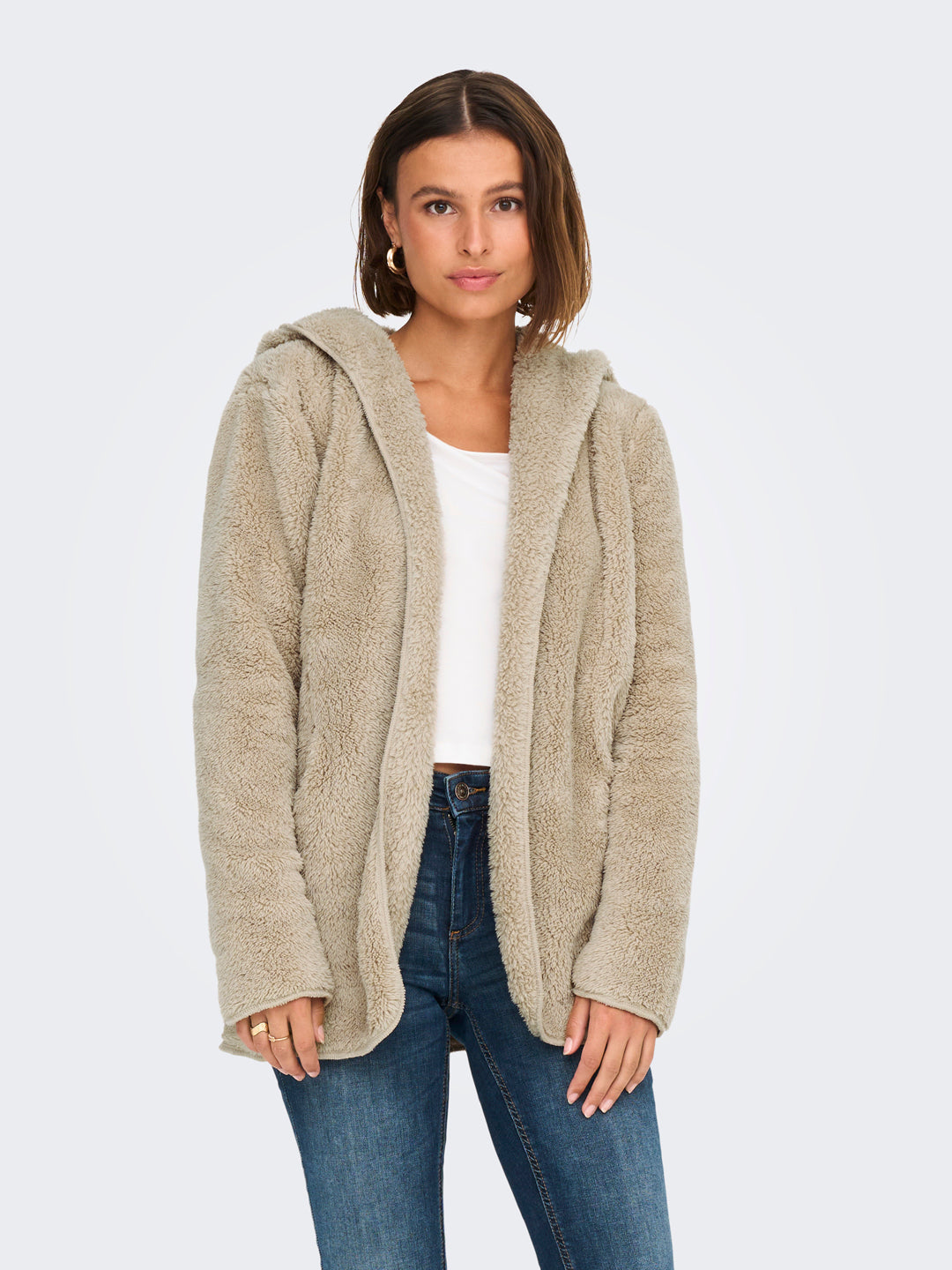 Beige Hooded Sherpa Coat