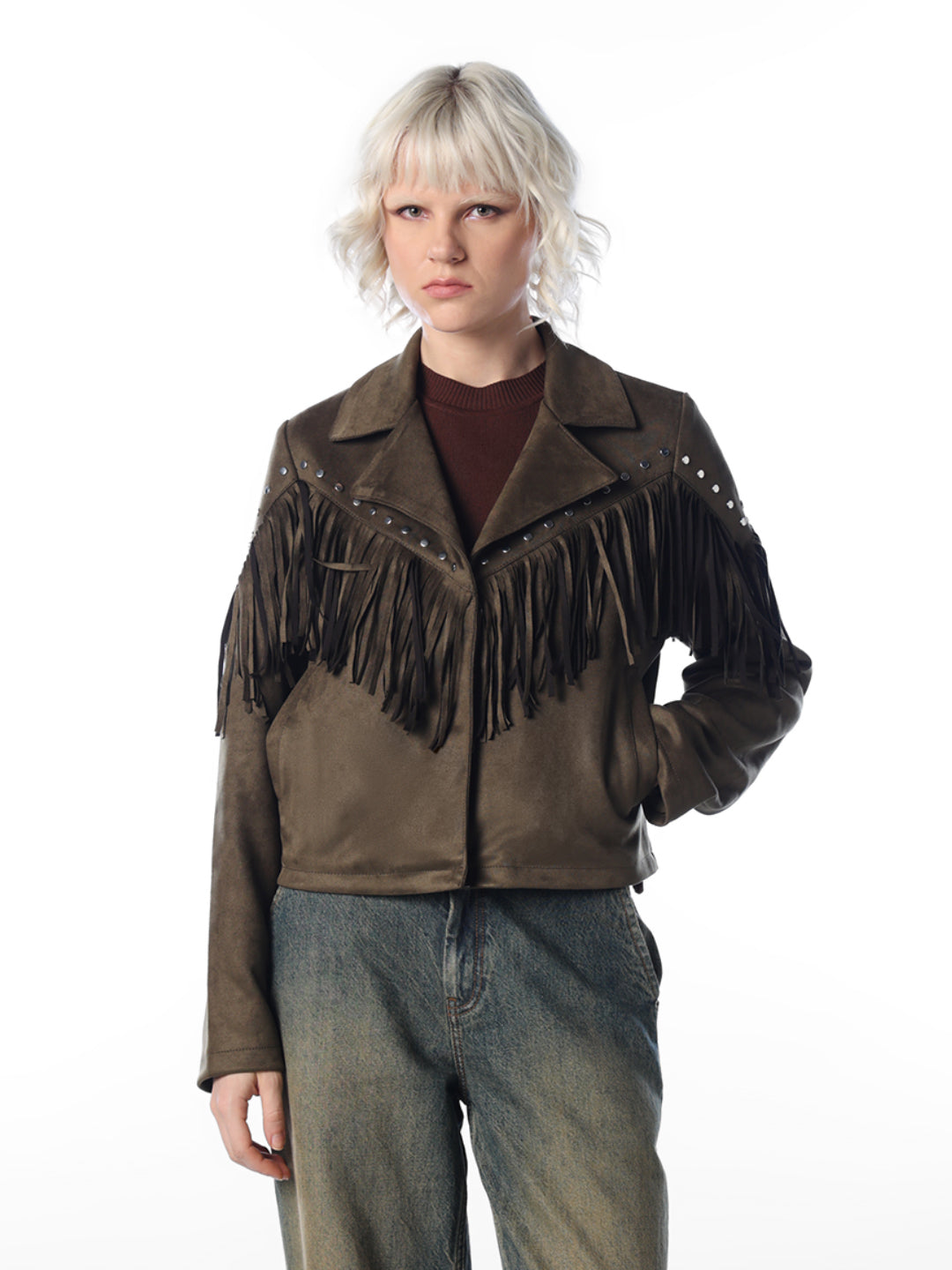 Olive Fringe Faux Suede Jacket