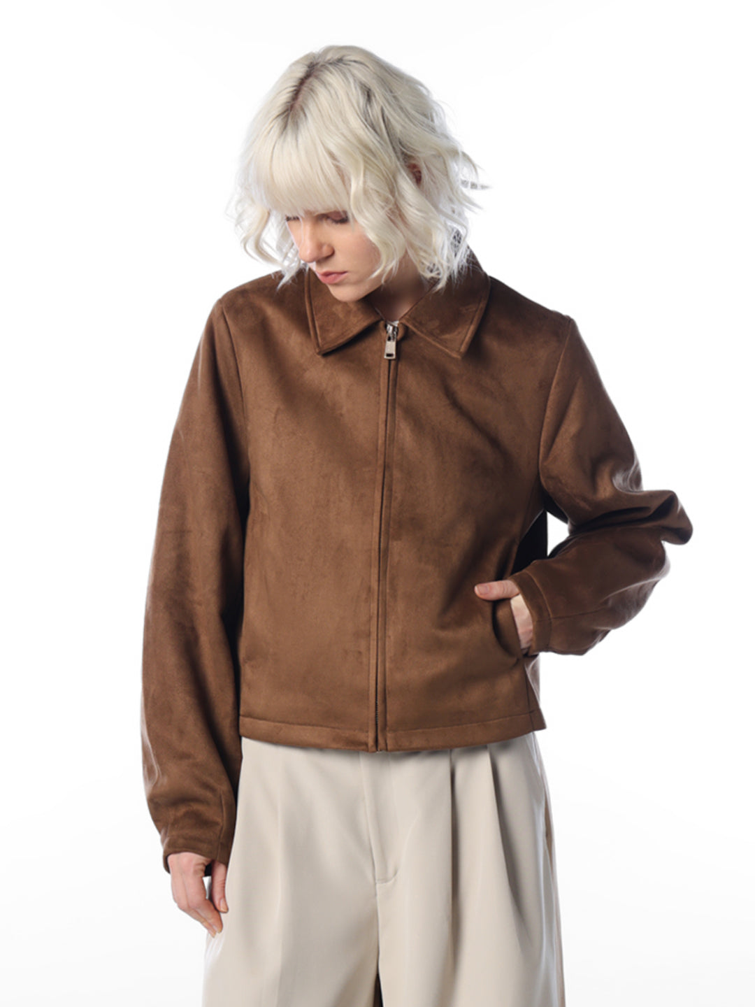 Brown Faux Suede Zip Jacket