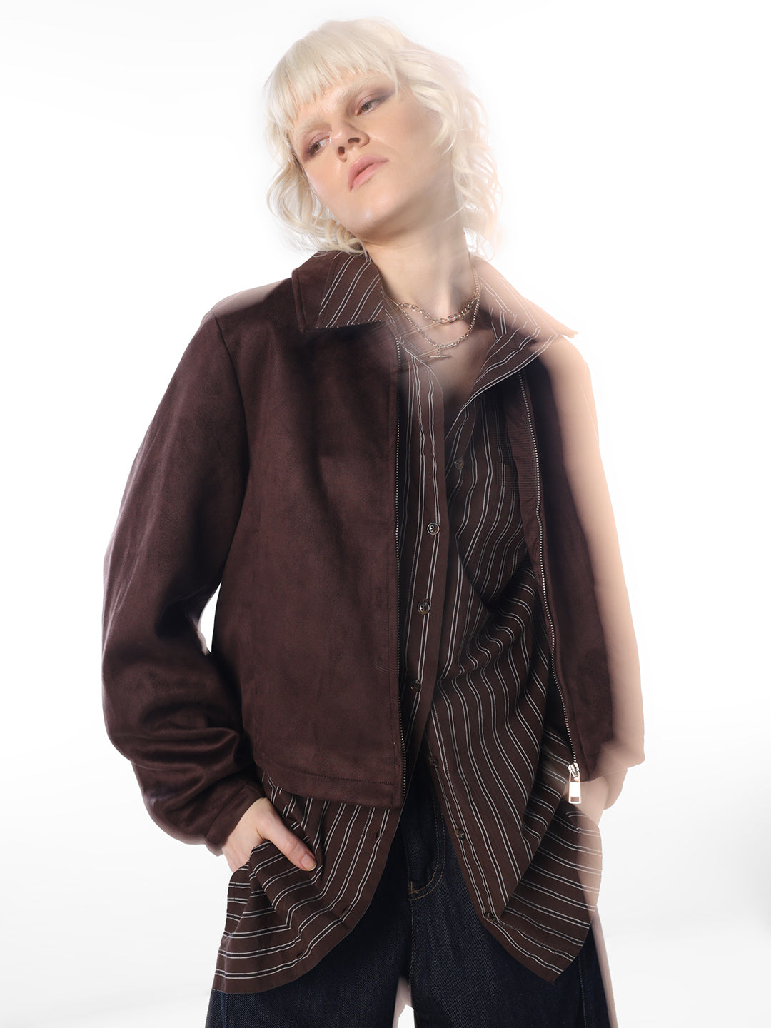 Coffee Brown Faux Suede Zip Jacket
