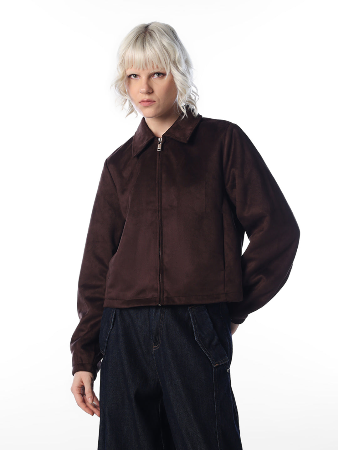 Coffee Brown Faux Suede Zip Jacket