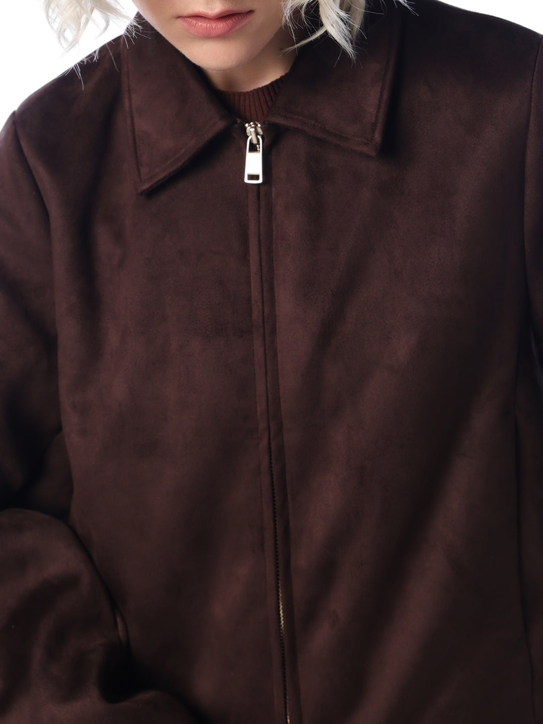 Coffee Brown Faux Suede Zip Jacket