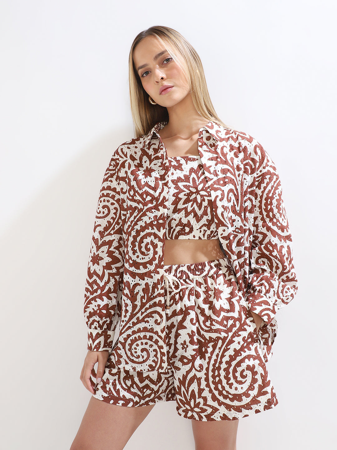 Brown Printed Cotton Shirt