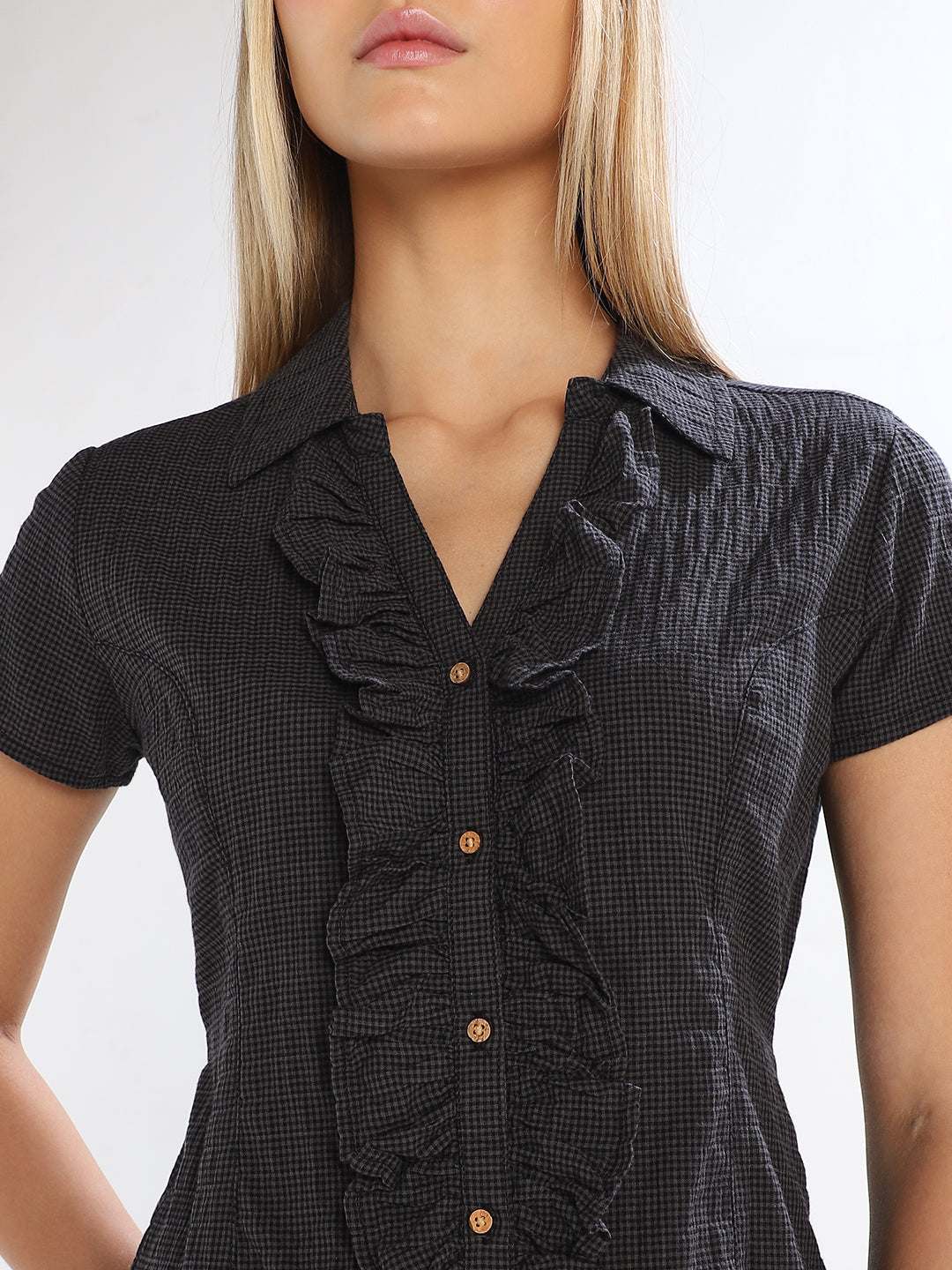 Check Ruffle Detail Shirt - Black