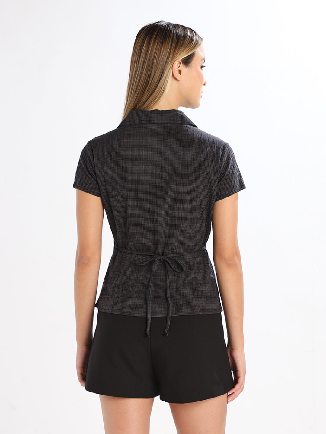 Check Ruffle Detail Shirt - Black