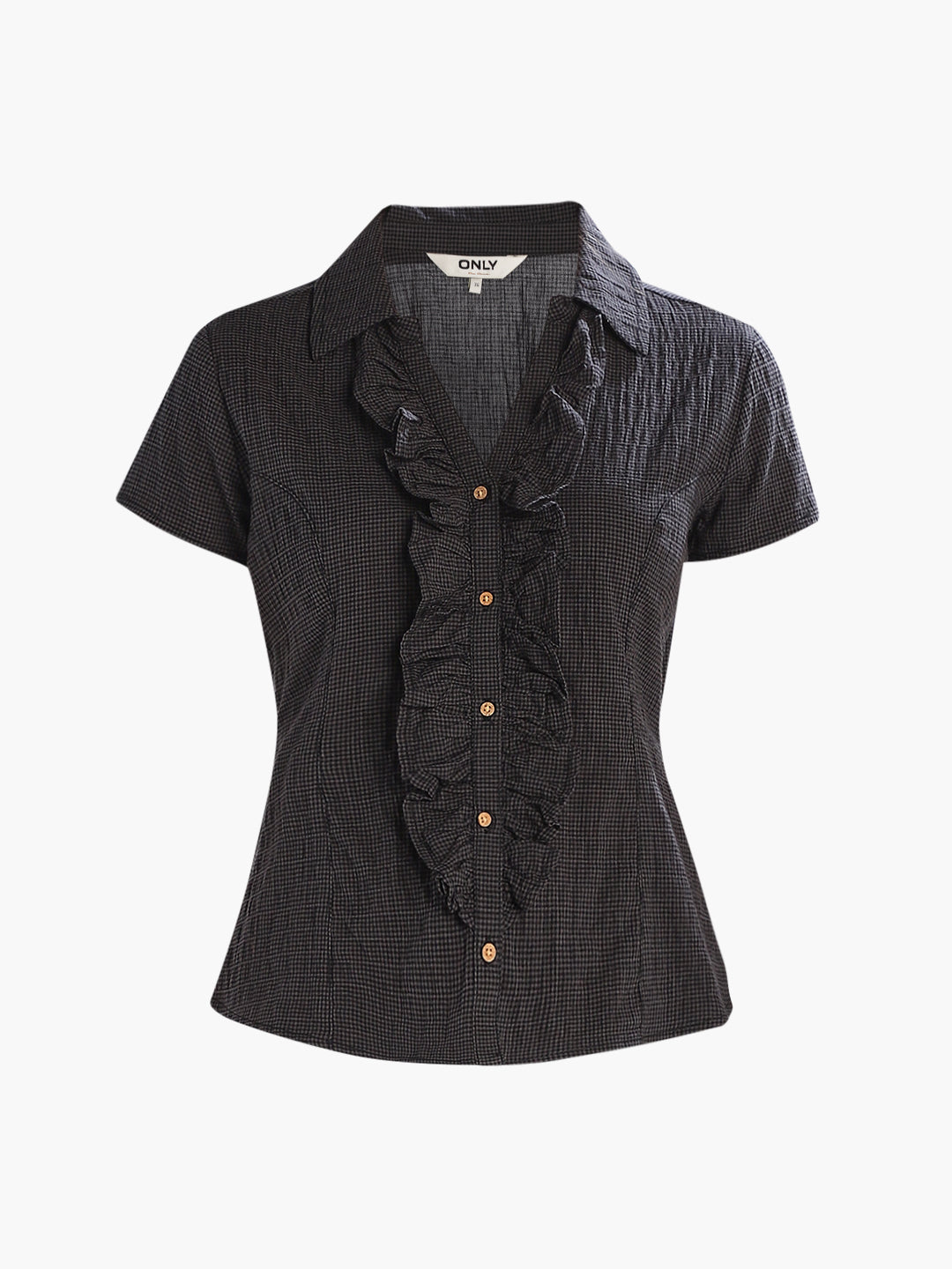 Check Ruffle Detail Shirt - Black