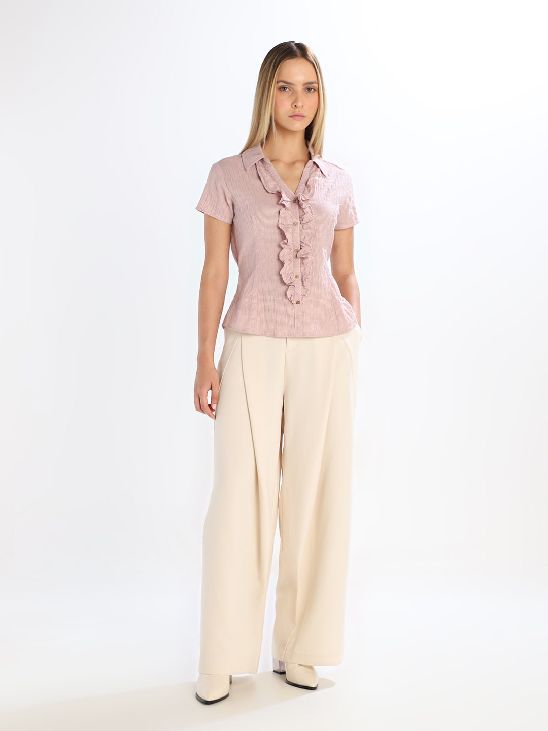 Check Ruffle Detail Shirt - Pink