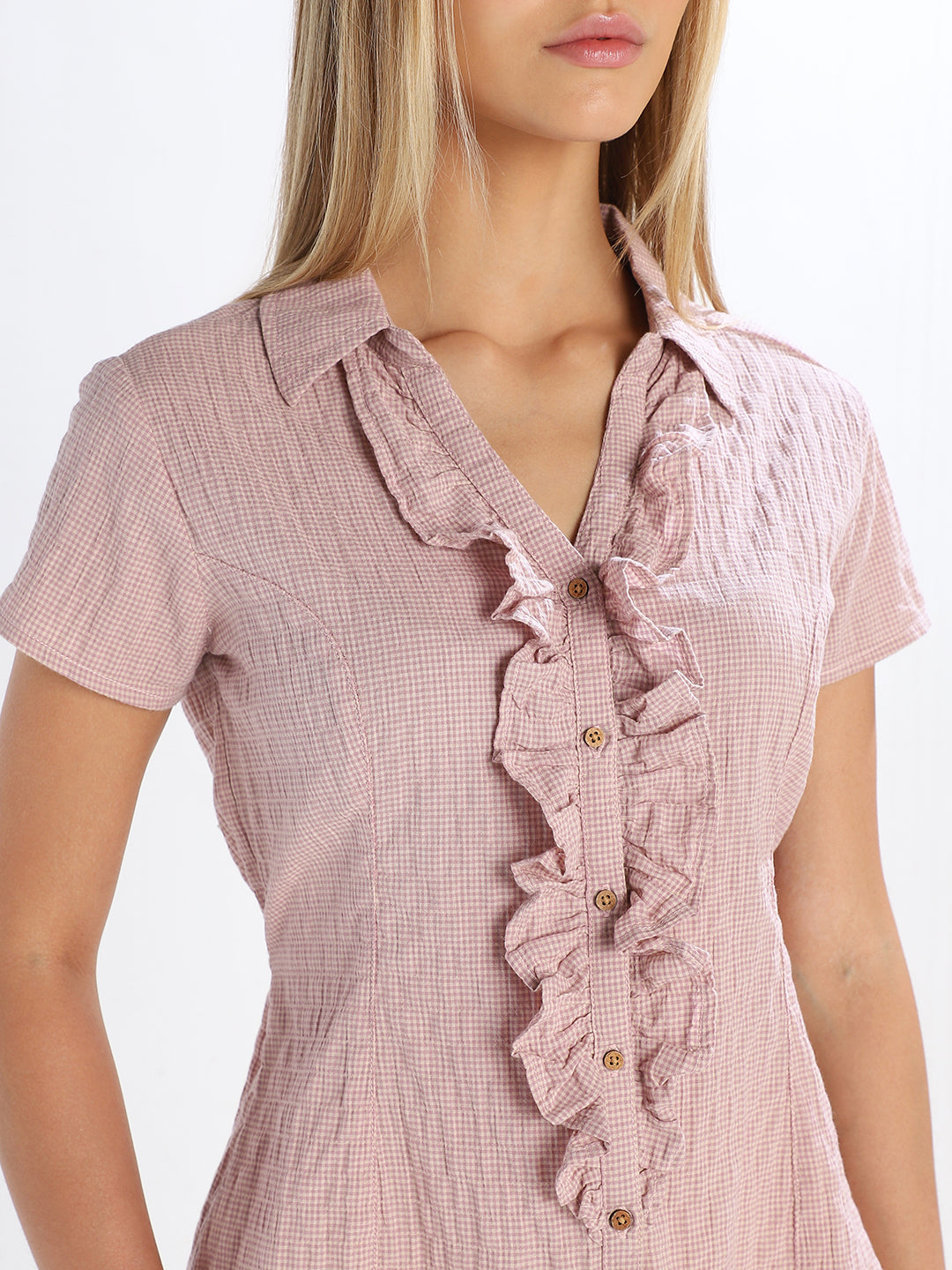 Check Ruffle Detail Shirt - Pink