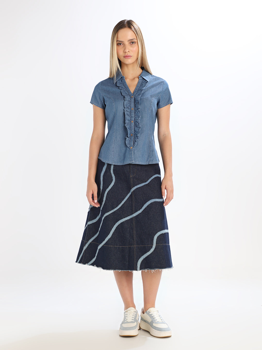 Blue Ruffle Detail Denim Shirt