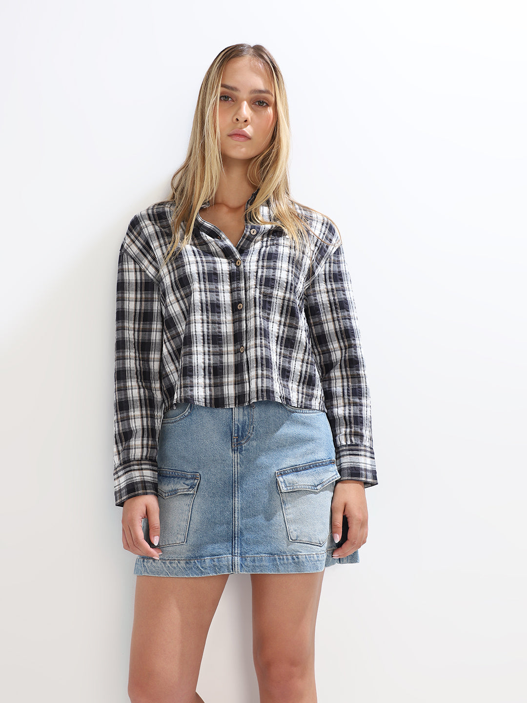 Cropped Check Print Shirt