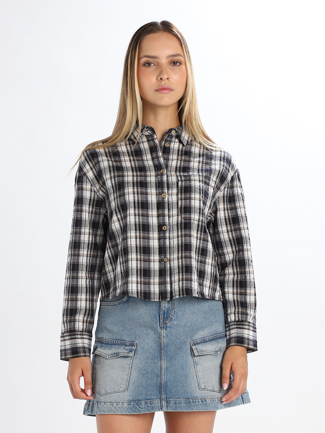 Cropped Check Print Shirt