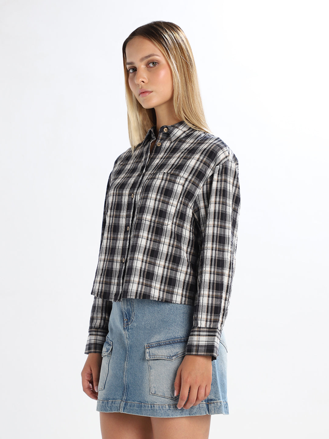 Cropped Check Print Shirt