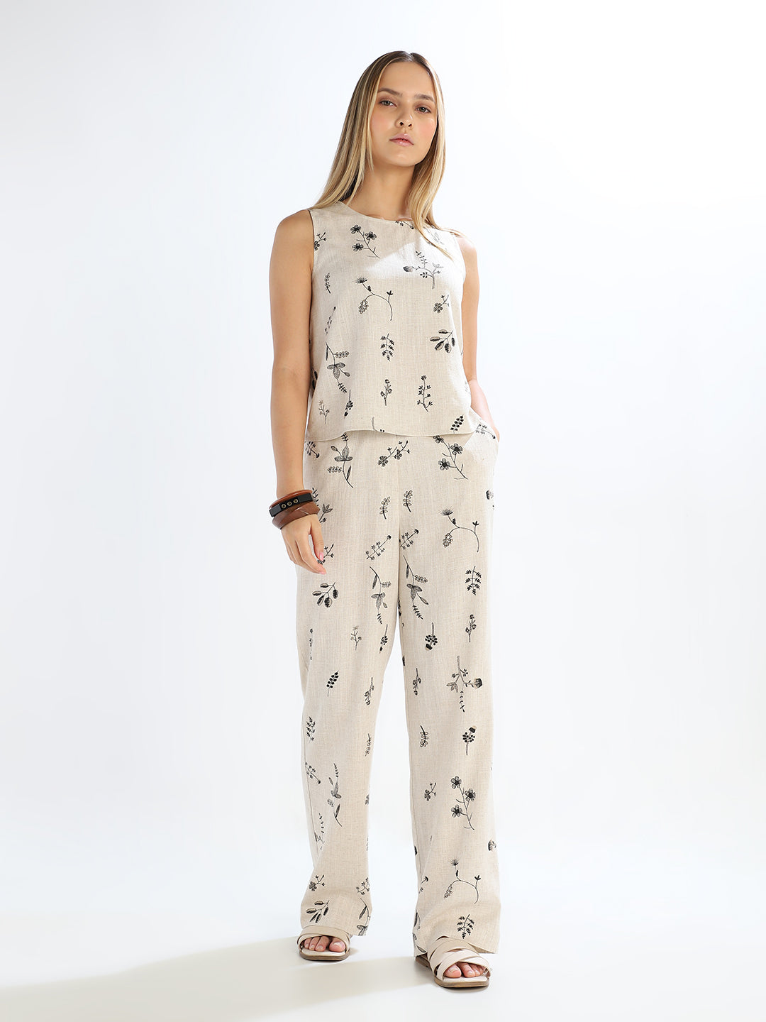 Linen Blend Printed Pants