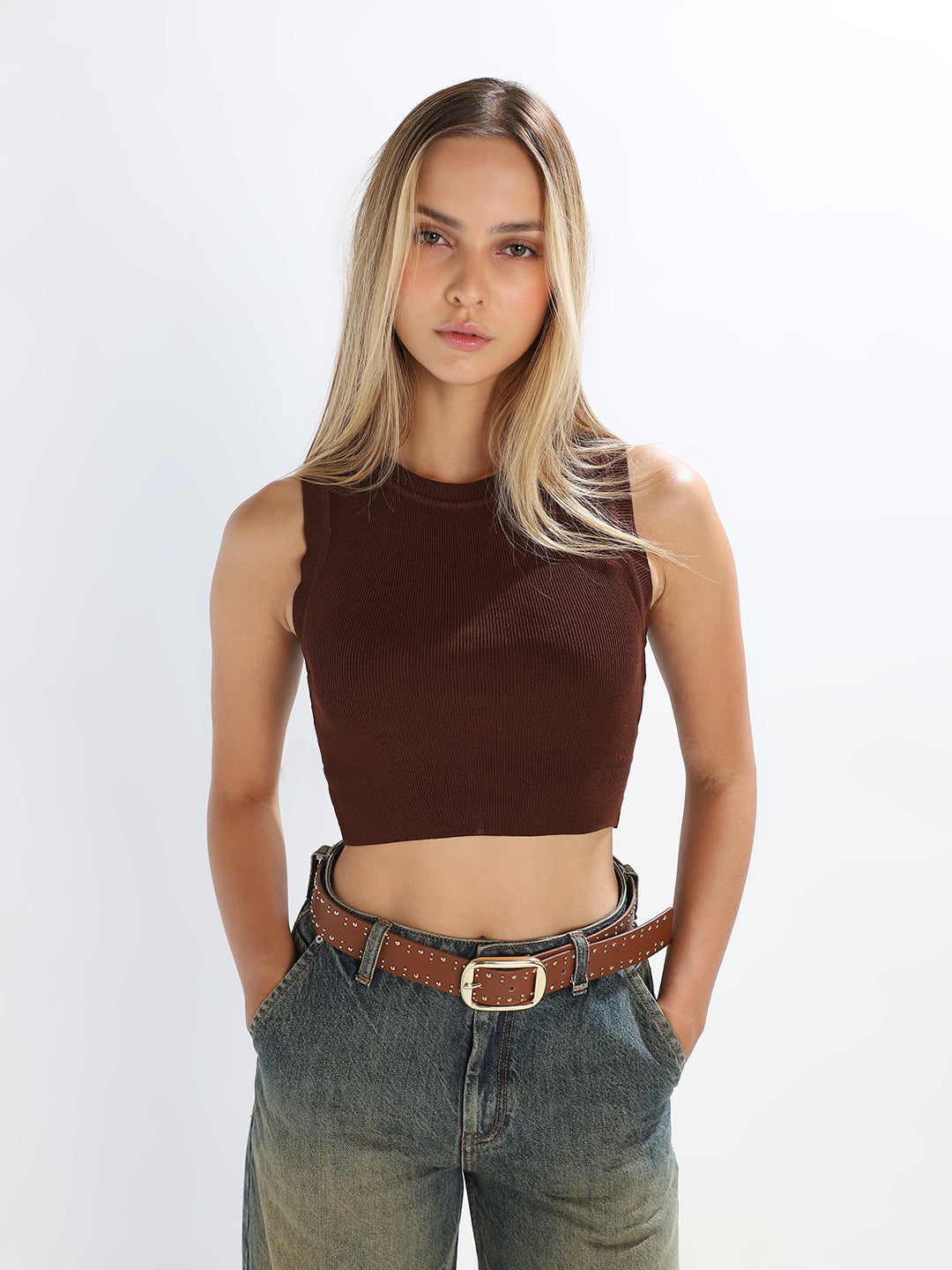 Dark Brown Cropped Knit Top