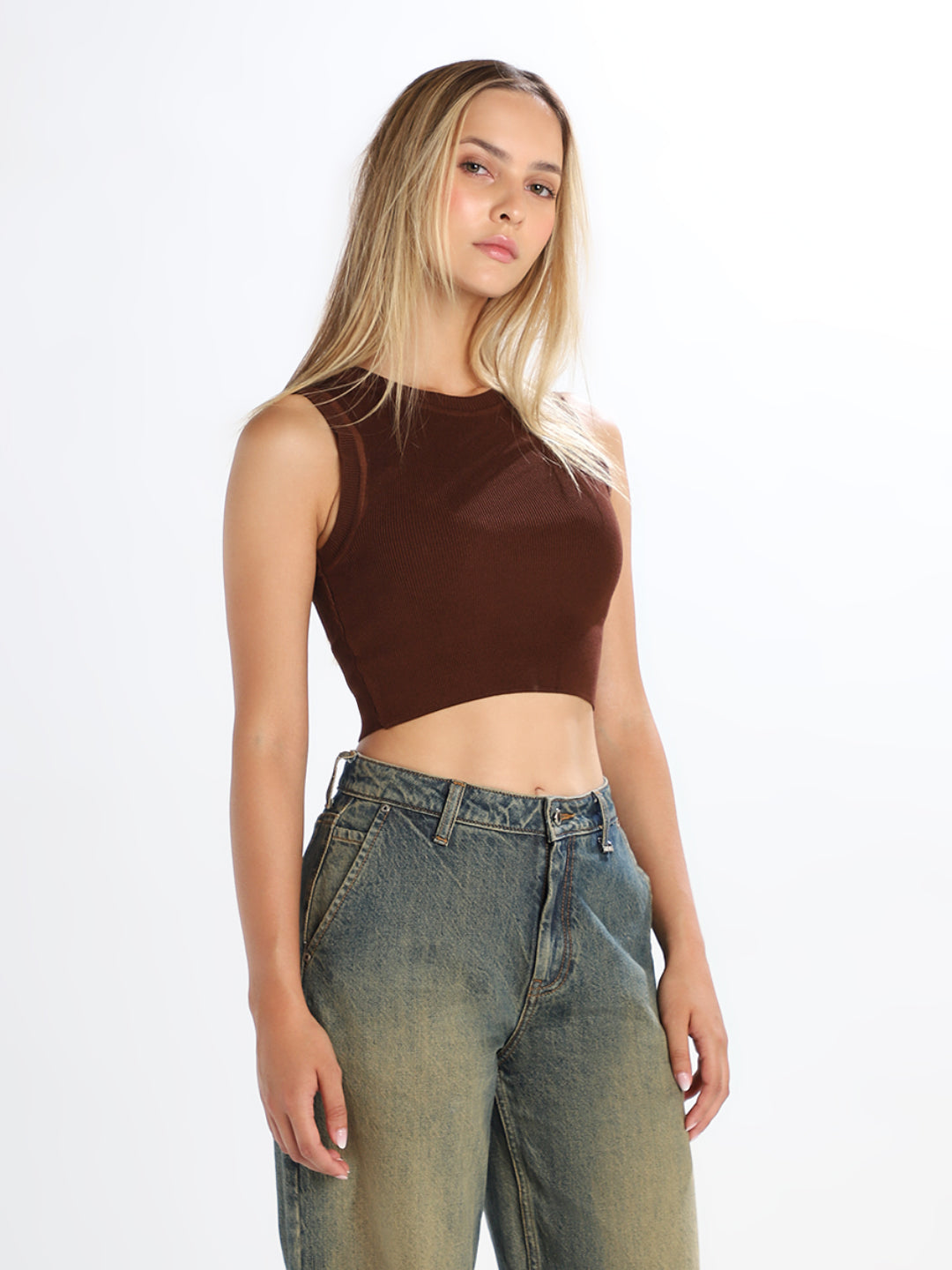 Dark Brown Cropped Knit Top
