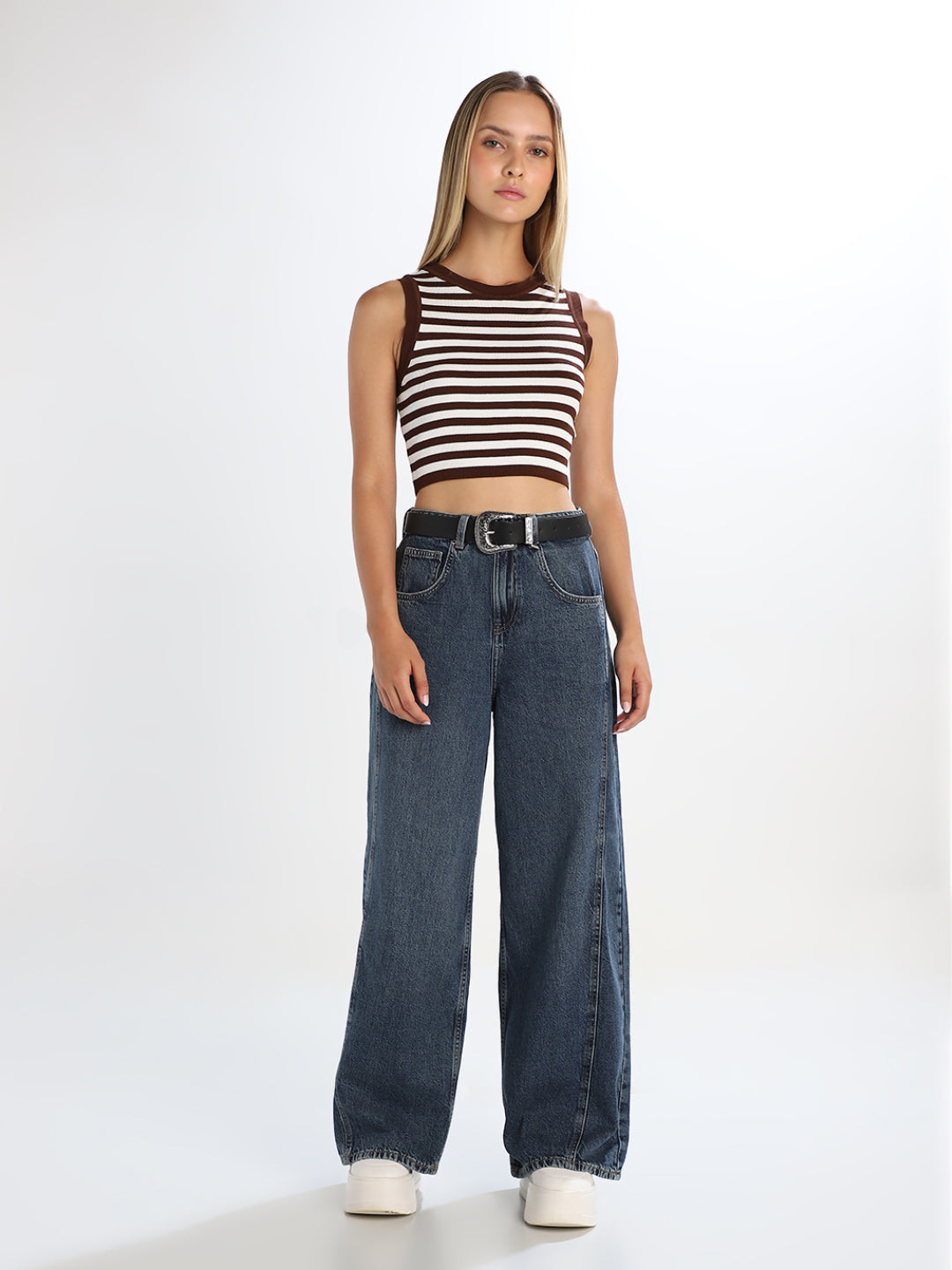 Dark Brown Striped Cropped Knit Top