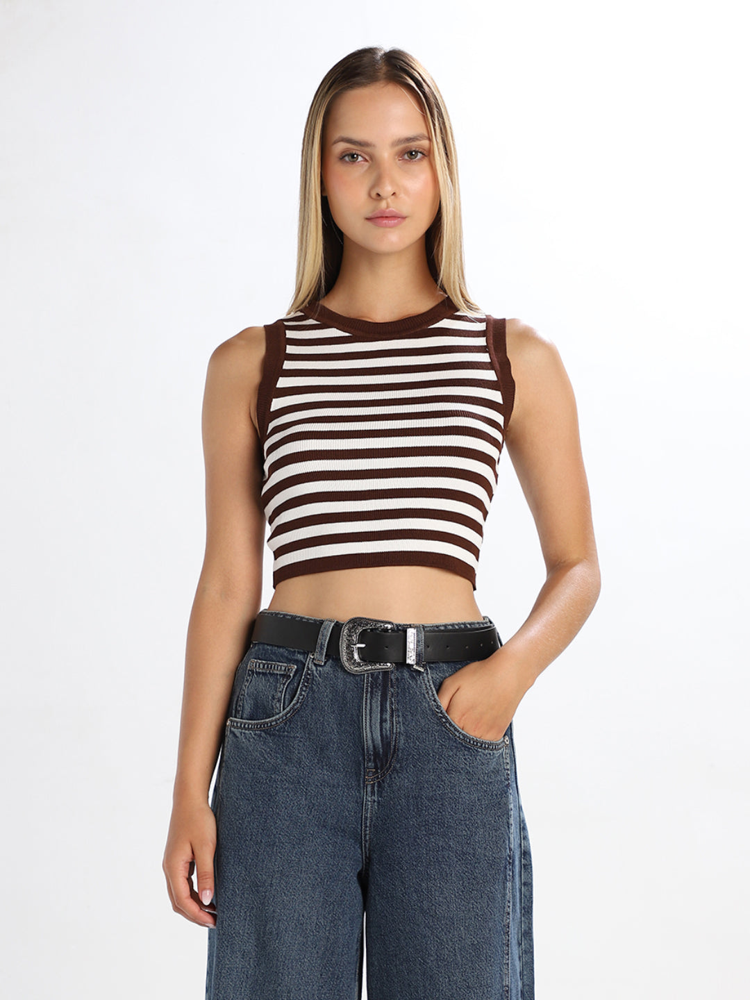 Dark Brown Striped Cropped Knit Top