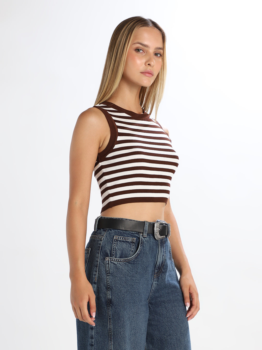 Dark Brown Striped Cropped Knit Top