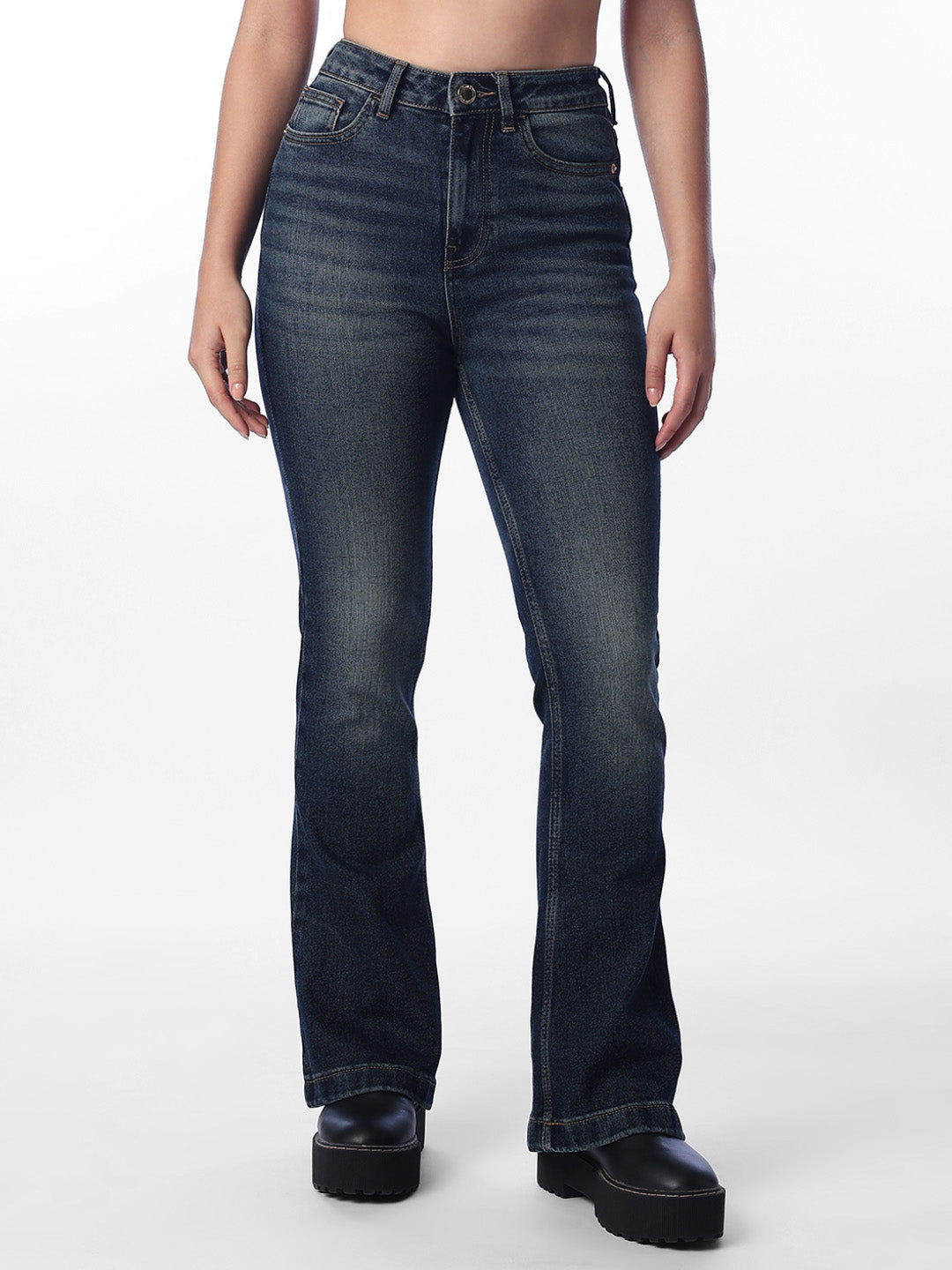 Dark Blue Washed Flared Jeans