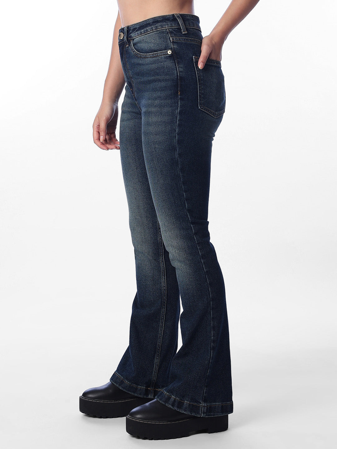 Dark Blue Washed Flared Jeans