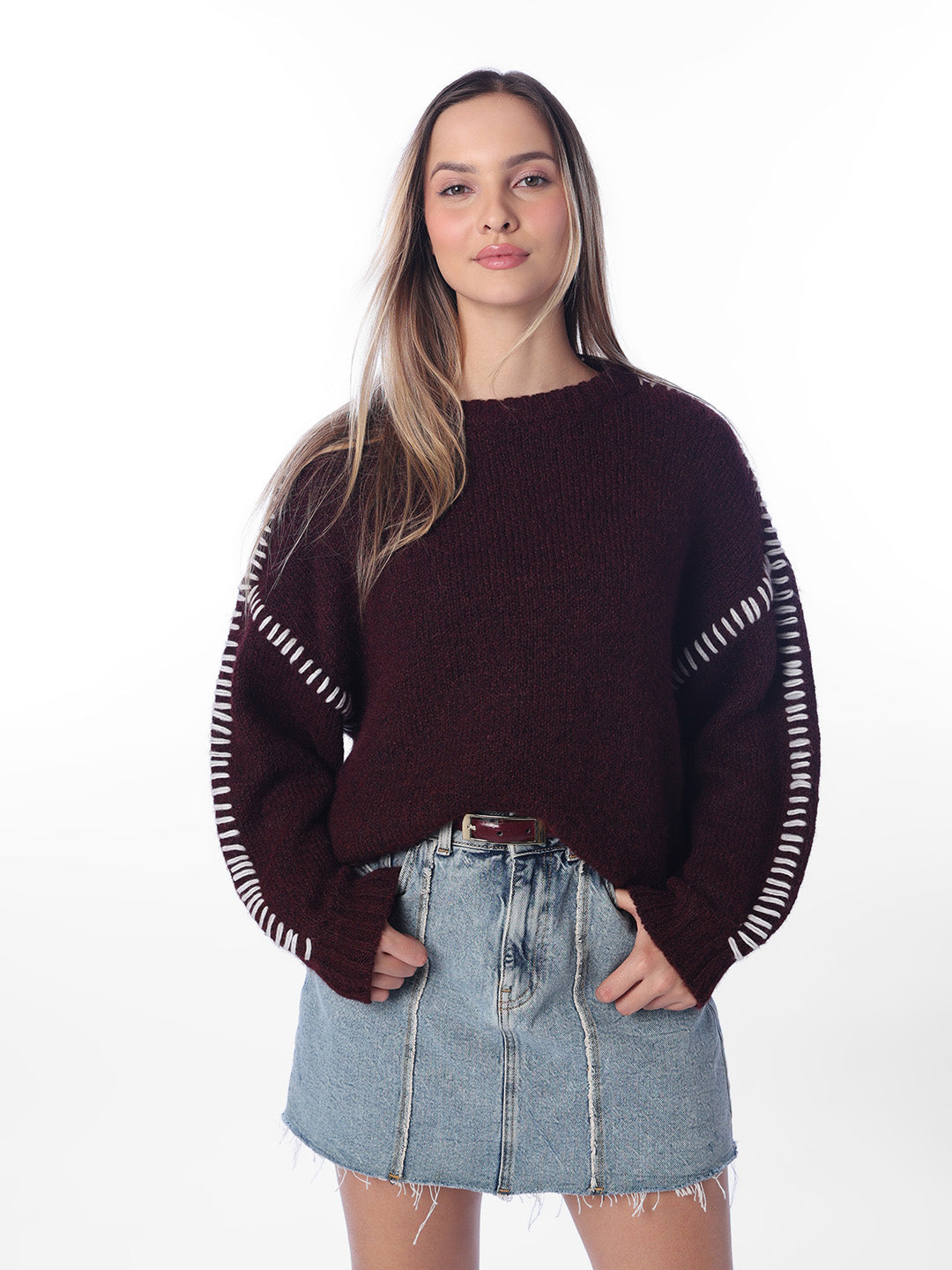 Maroon Contrast Stitch Sweater