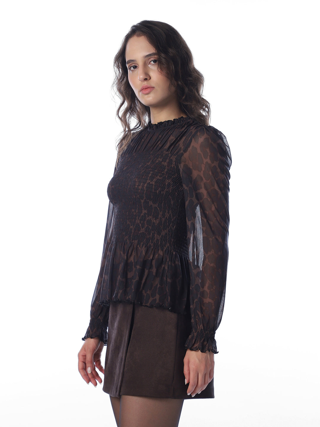 Brown Animal Print Smocked Top