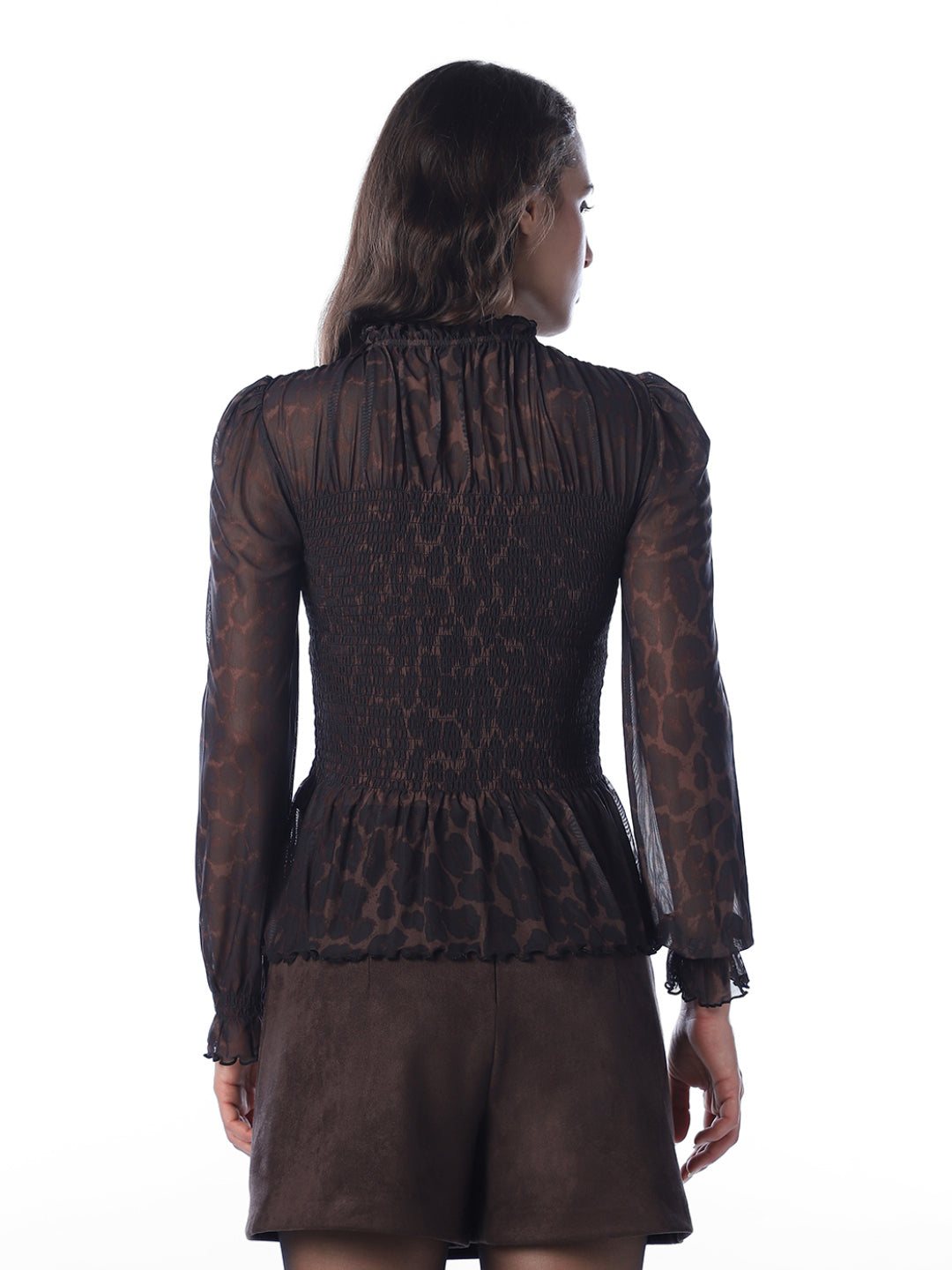 Brown Animal Print Smocked Top