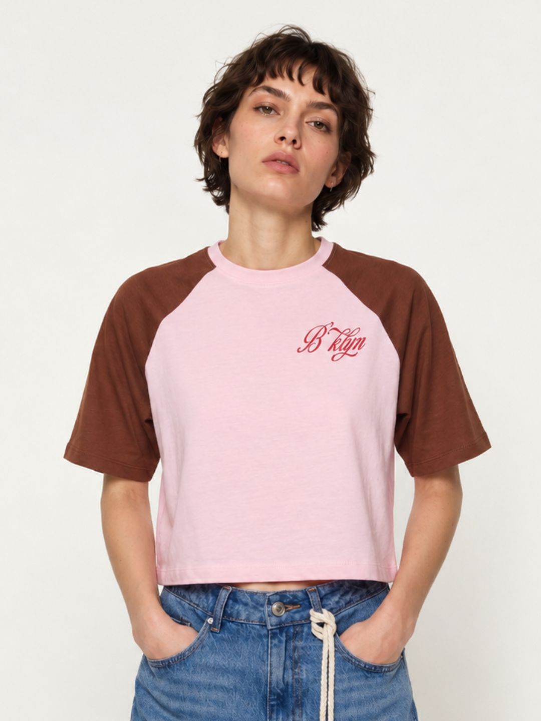Pink Colourblocked Cropped T-Shirt