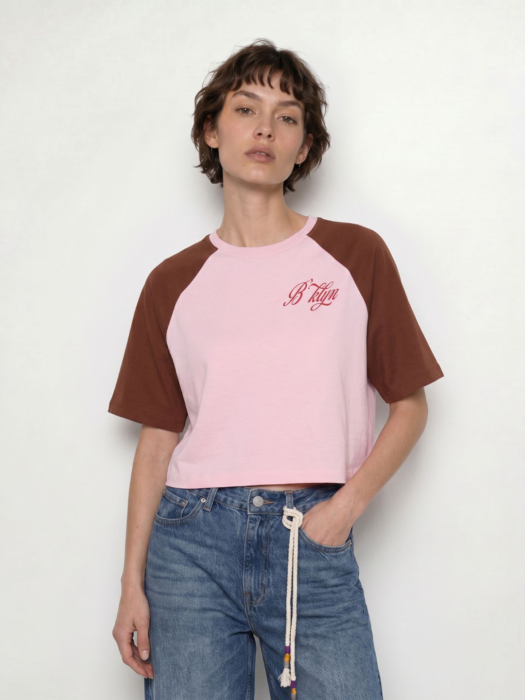 Pink Colourblocked Cropped T-Shirt
