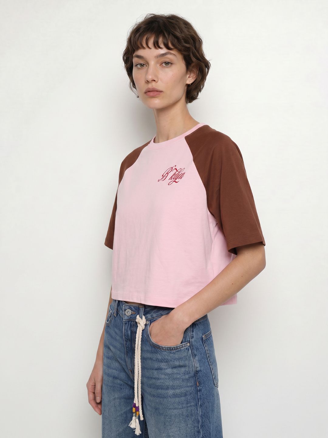 Pink Colourblocked Cropped T-Shirt