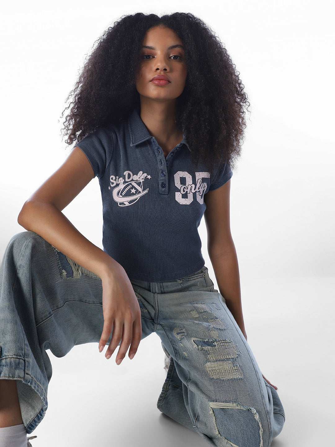 Blue Printed Cropped Polo