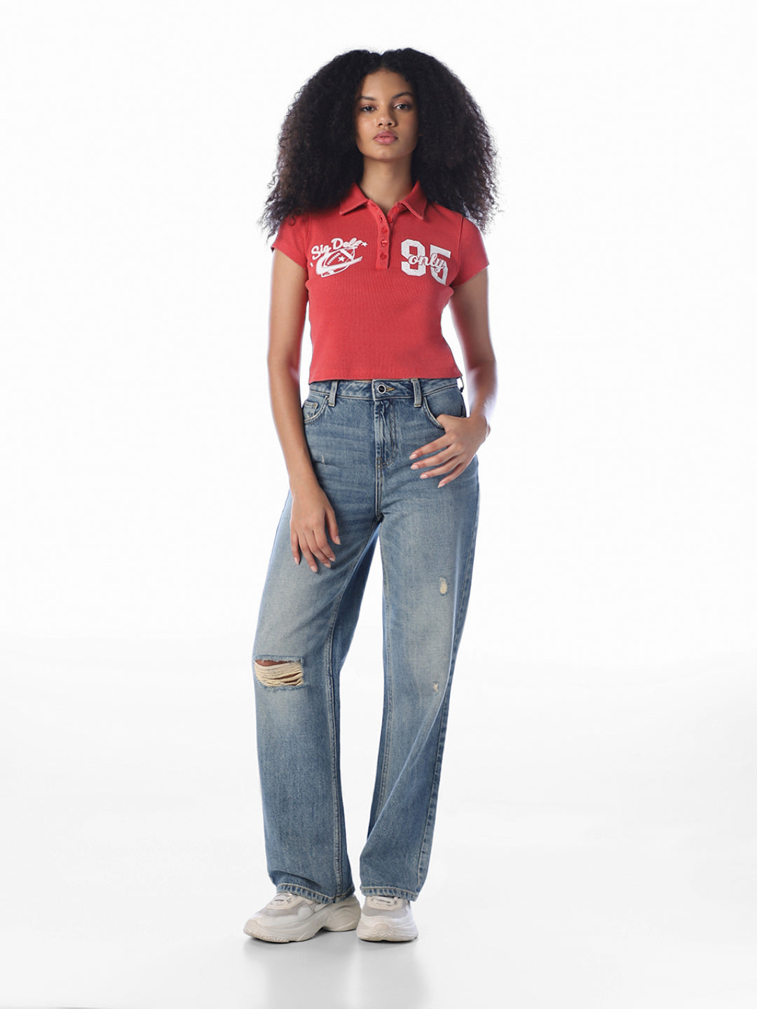 Red Printed Cropped Polo