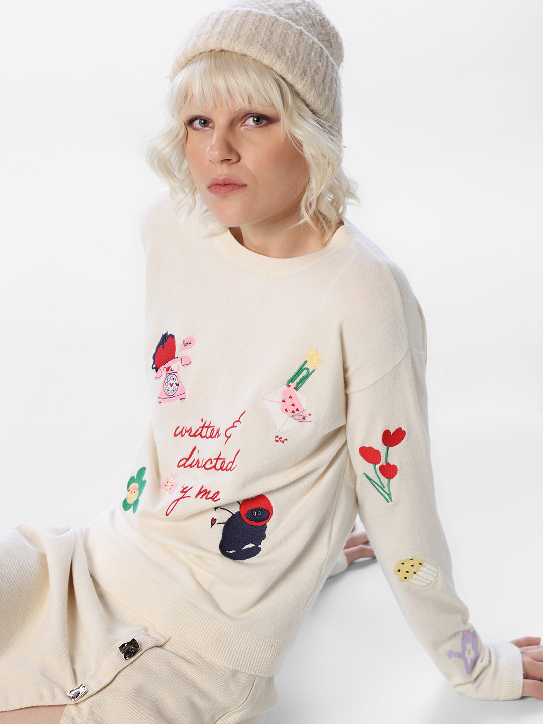 Cream Embroidered Pullover