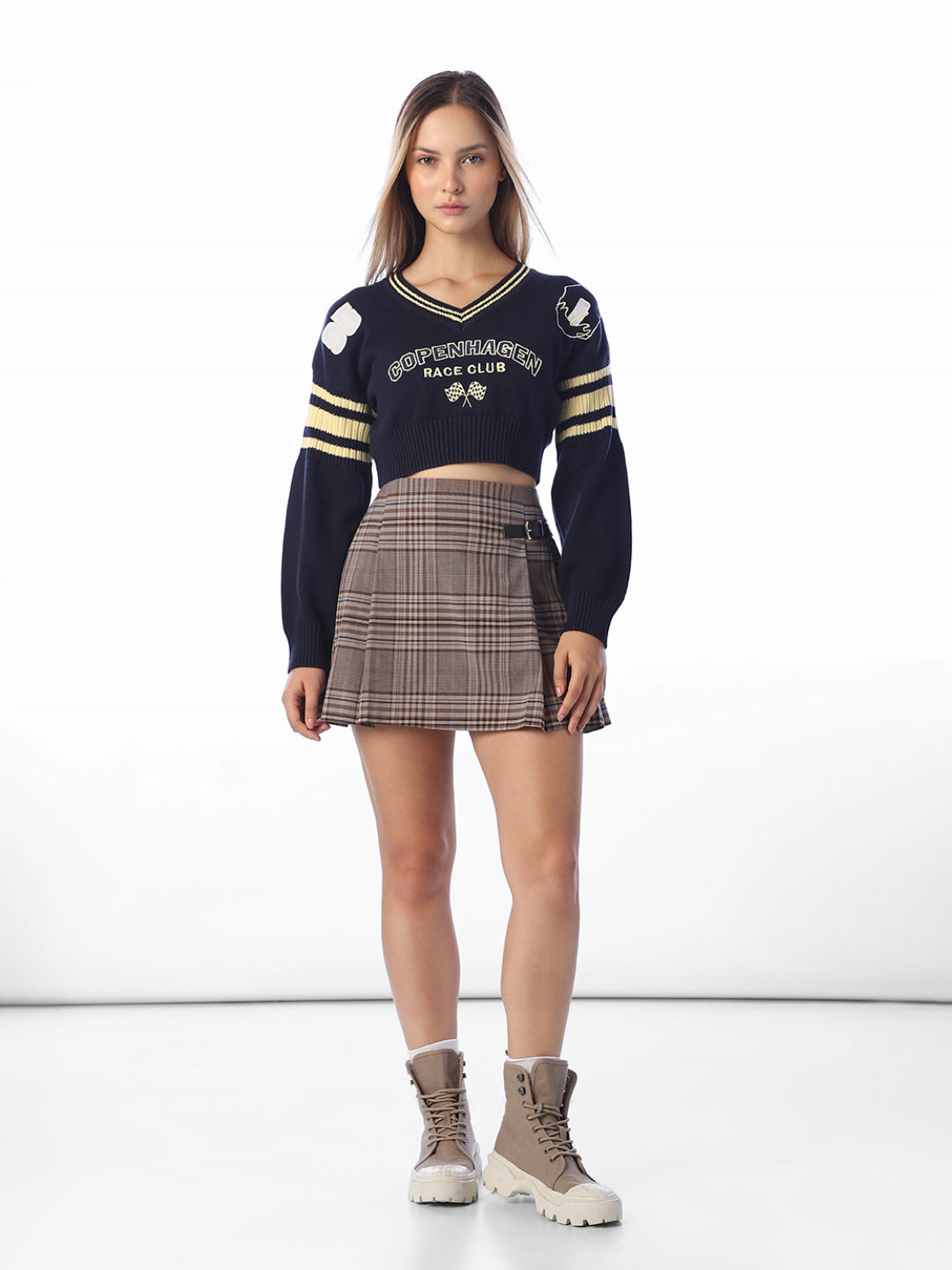 Navy Blue Printed Cropped Pullover