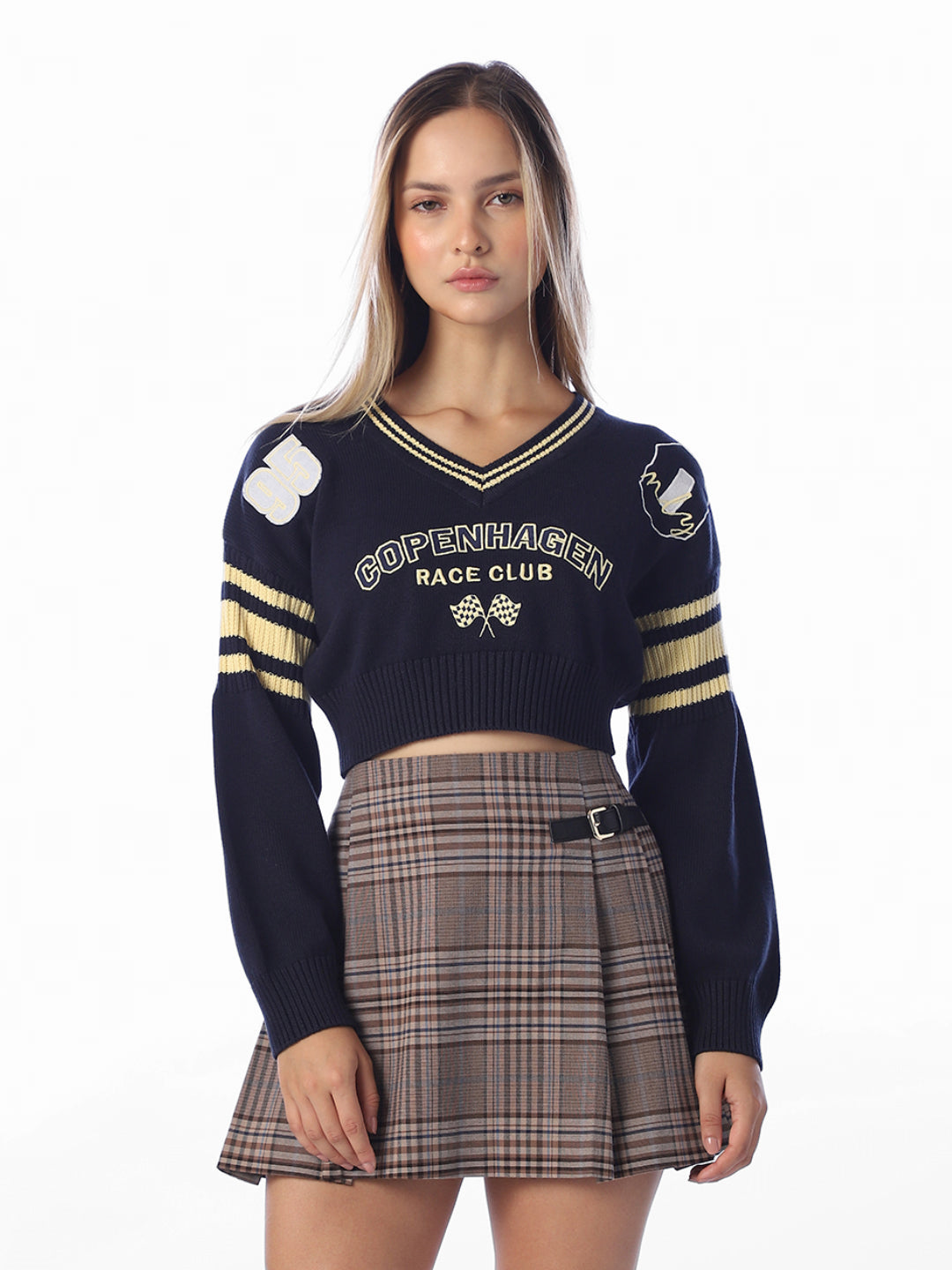 Navy Blue Printed Cropped Pullover