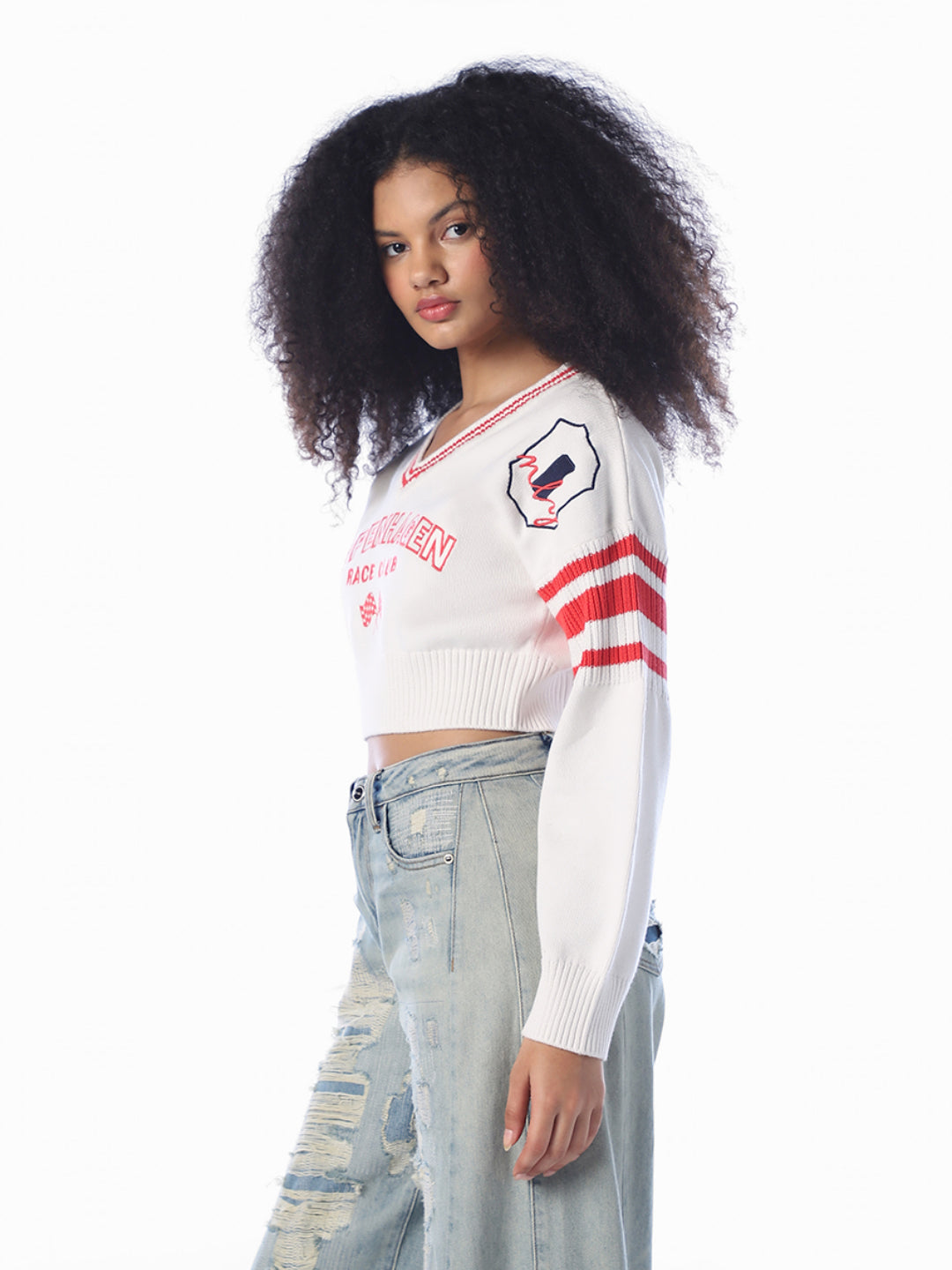 White Printed Cropped Pullover