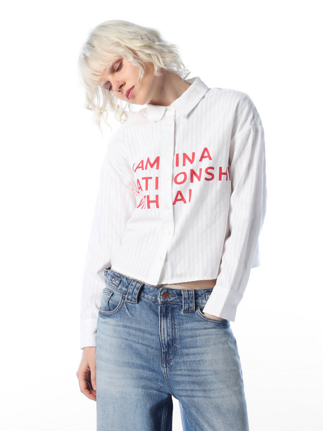 White Printed Cropped Shirt