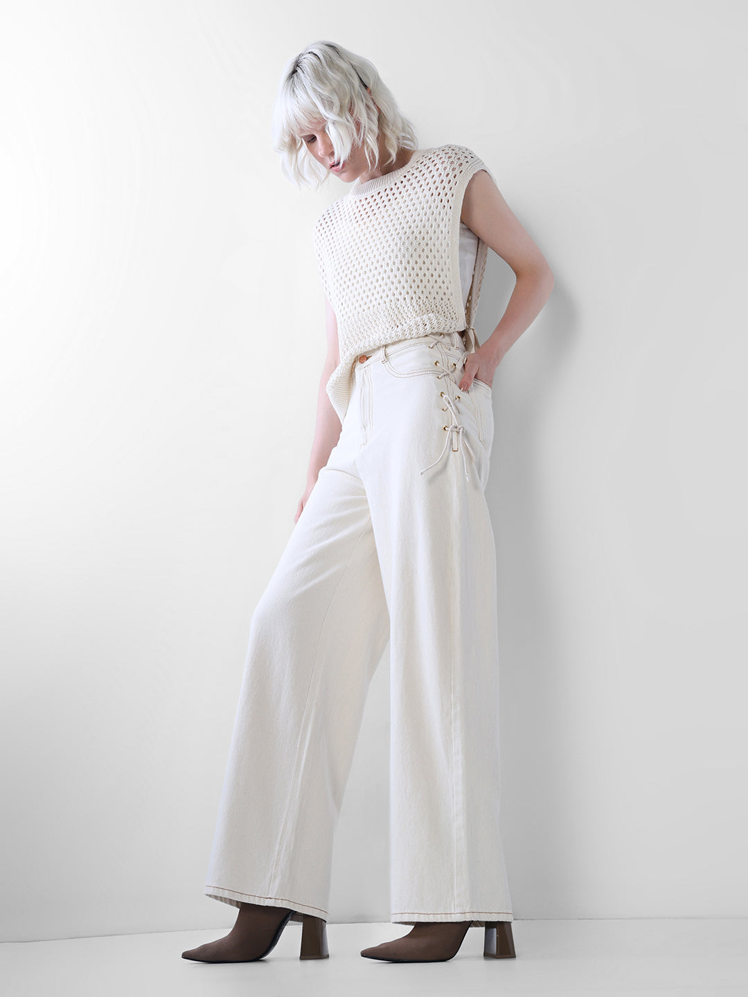 Ecru High Rise Wide Leg Jeans