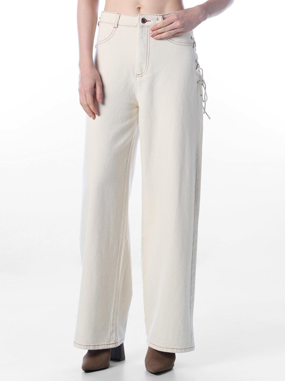 Ecru High Rise Wide Leg Jeans