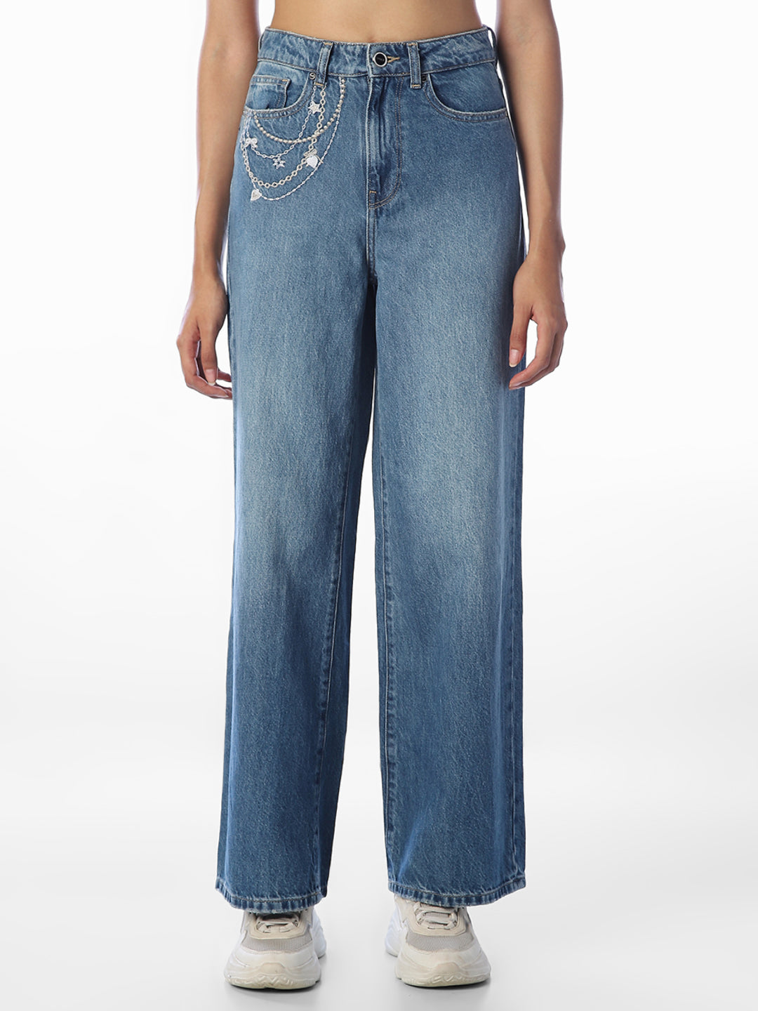 Blue Chain Detail Wide Leg Jeans