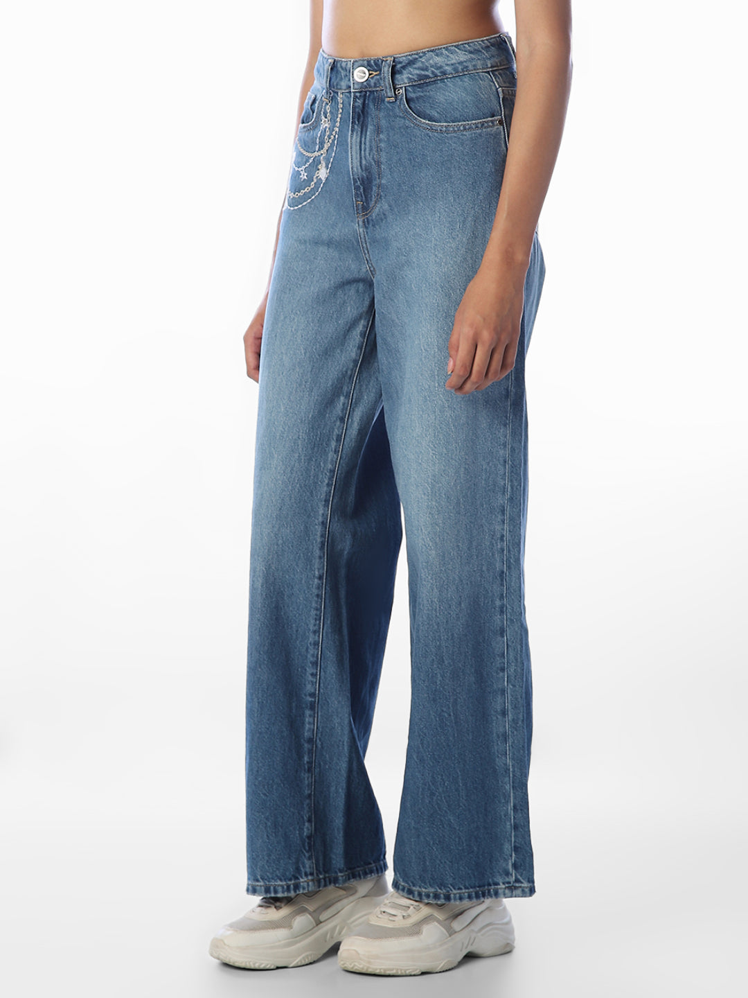 Blue Chain Detail Wide Leg Jeans