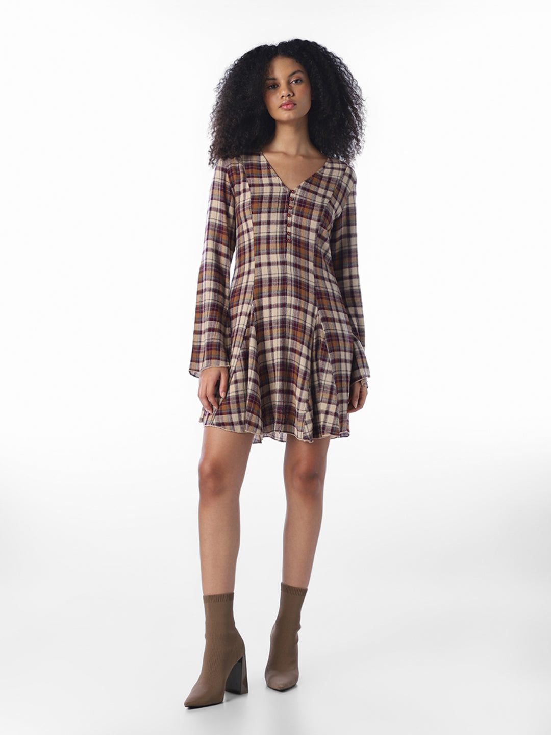 Brown Check Print Dress