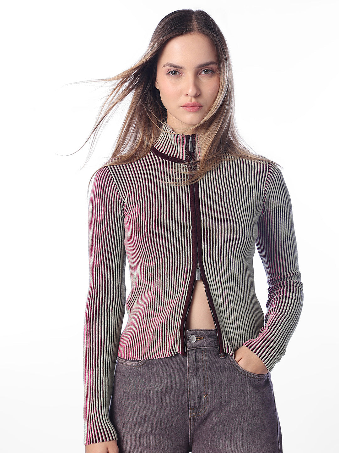 Brown High Neck Cardigan