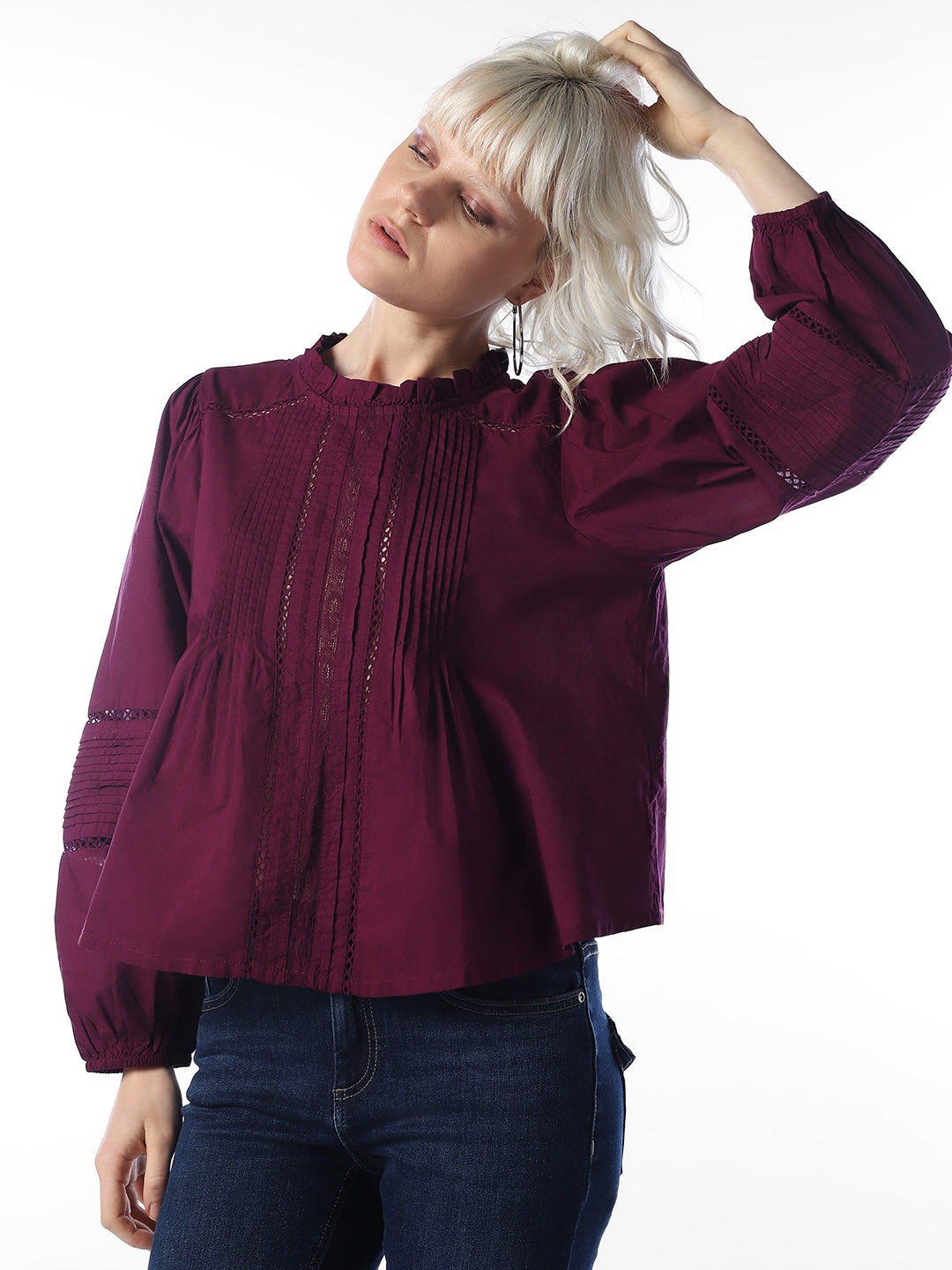 Maroon Frilled Neckline Shirt