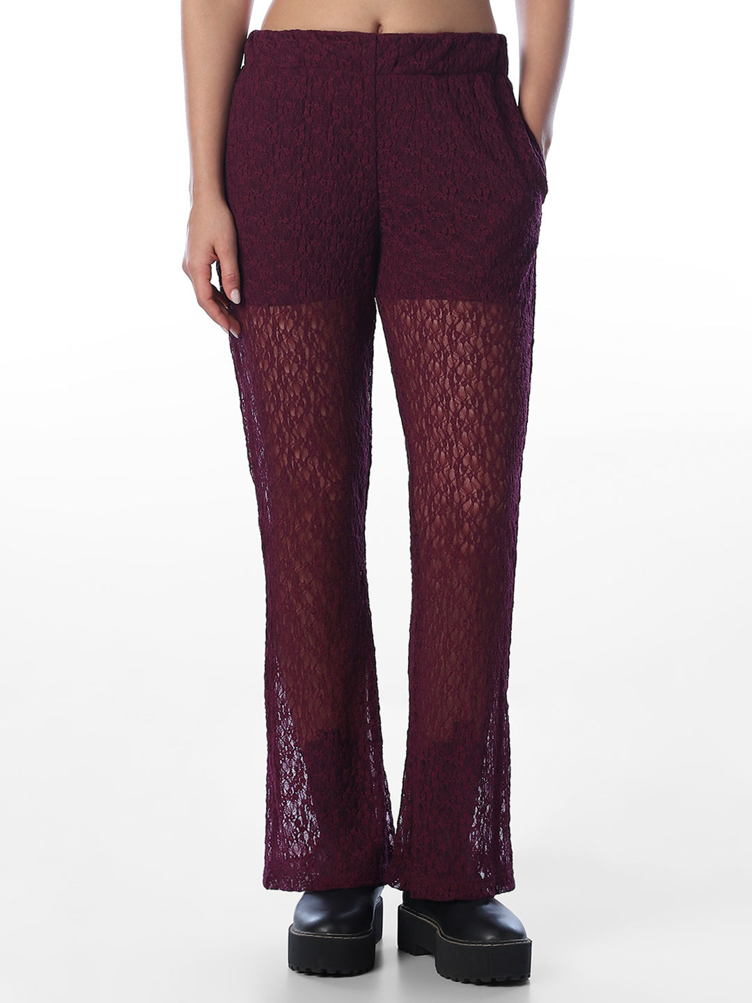 Maroon Sheer Lace Flared Pants