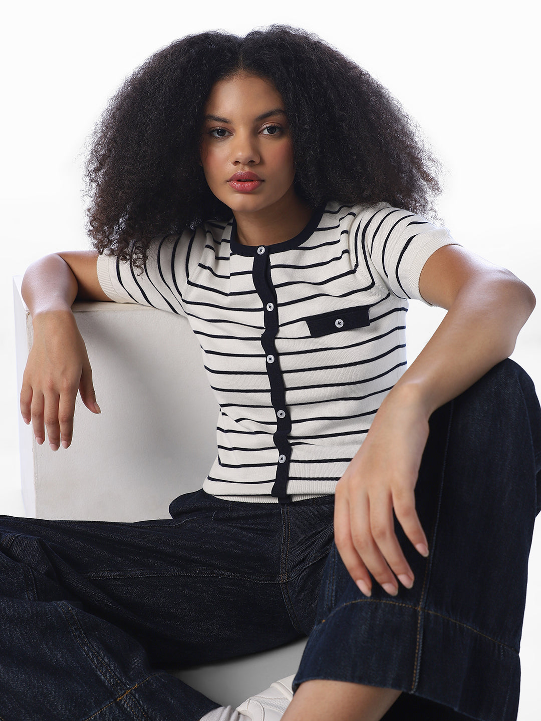 White Striped Buttoned Cardigan