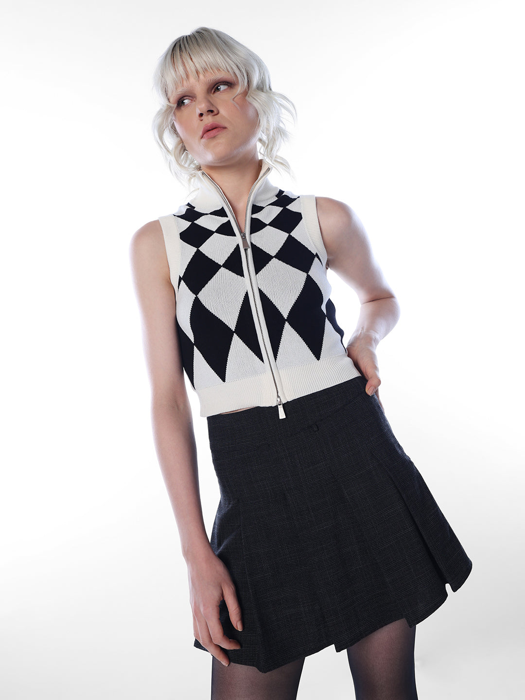 White Argyle Knit Vest Top