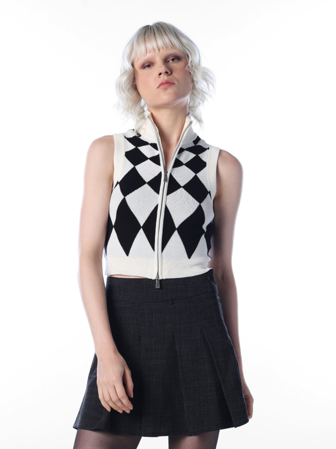 White Argyle Knit Vest Top